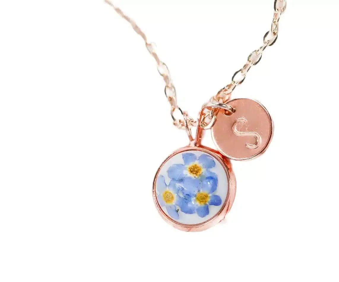 Erinnerung gestorben Partner Anhänger Vergissmeinnicht einzigartiger, personalisierter Harz Schmuck roségold Hintergrund Weiß