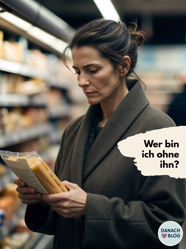 wer bist du jetzt Frau steht allein im Supermarkt und bekommt eine Sinnkrise über eine Packung Nudeln. Wer bin ich nach dem Tod meines Partners